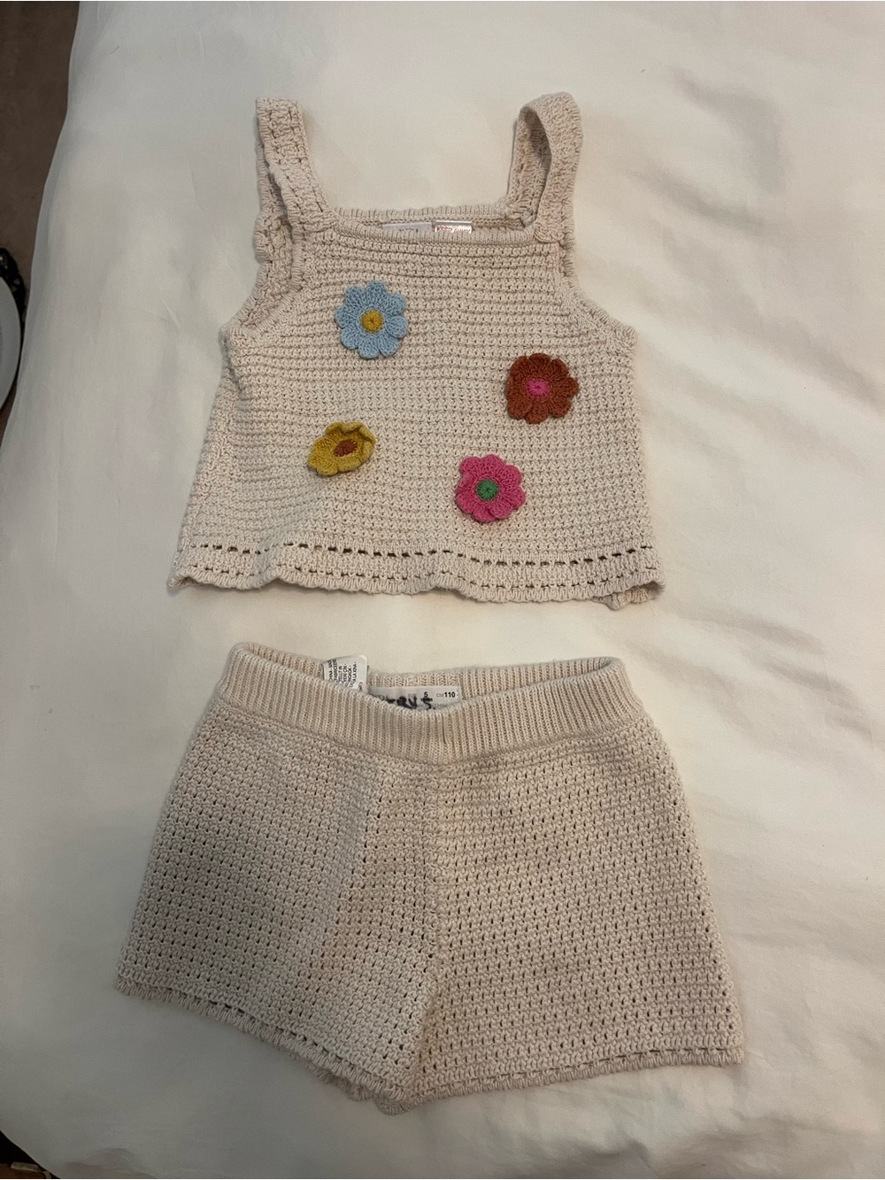 Zara Cream Crochet Tank & Shorts Set with Colorful Flower Appliqués